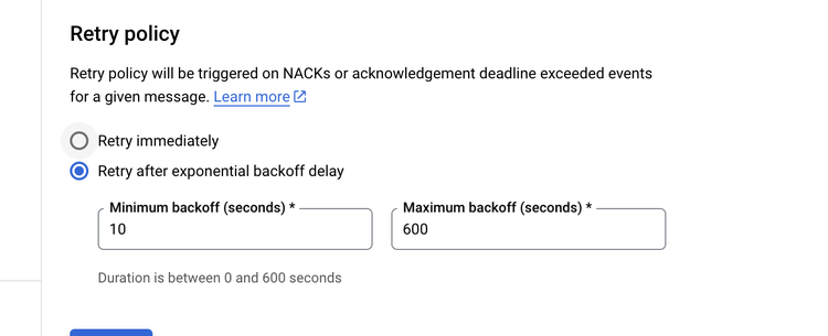 La ventana de directiva Reintentar en Google Developer Console.