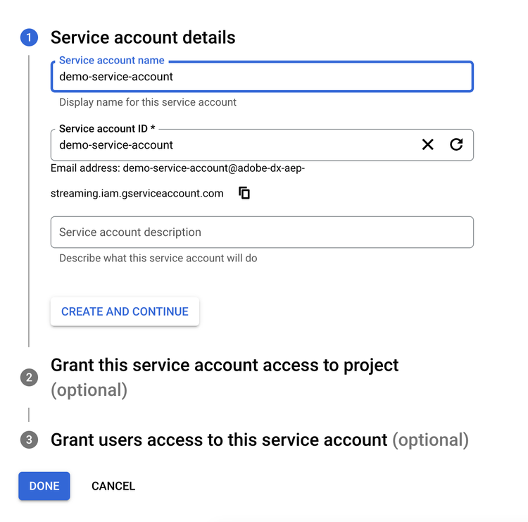 Los detalles de la cuenta de servicio en Google Developer Console