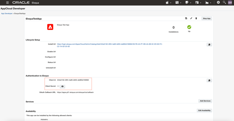 El ID de cliente y el secreto de cliente en Eloqua.