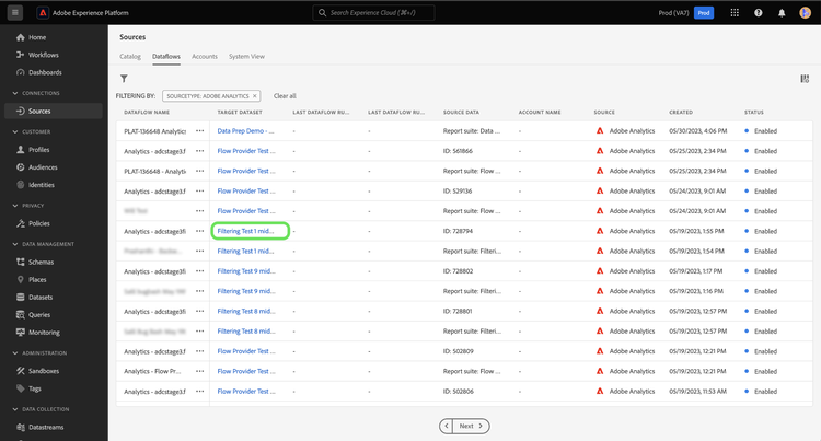 Una lista de flujos de datos de Adobe Analytics existentes en su organización.