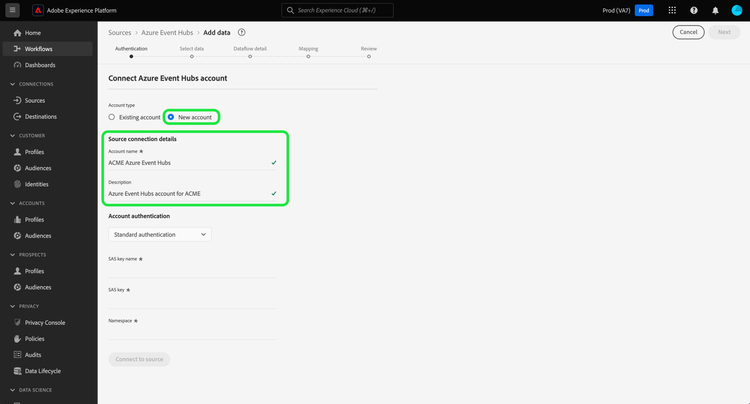 La nueva interfaz de creación de cuentas para Azure Event Hubs.