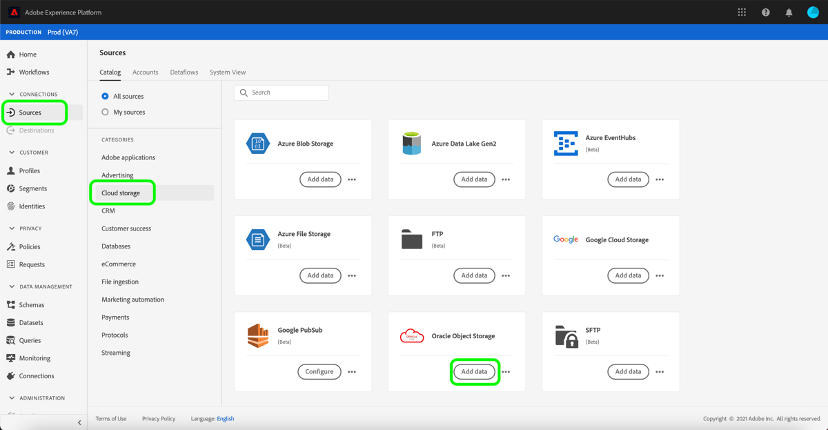 Crear una conexión de origen de almacenamiento de objetos de Oracle en ...