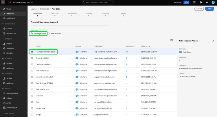 Una lista de cuentas de Salesforce autenticadas que ya existen en su organización.