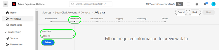 Captura de pantalla de la interfaz de usuario de Platform para SugarCRM Accounts Contacts que muestra la configuración con la opción Contacts seleccionada