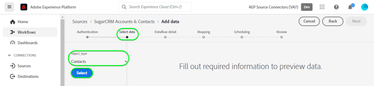 Captura de pantalla de la interfaz de usuario de Experience Platform para cuentas y contactos de SugarCRM que muestran la configuración con la opción Contactos seleccionada