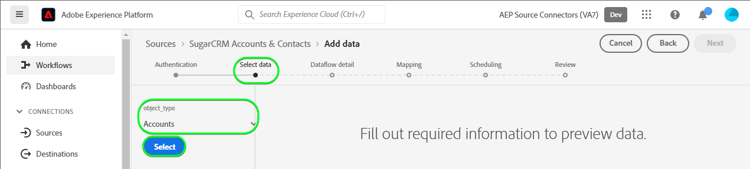 Captura de pantalla de la interfaz de usuario de Experience Platform para cuentas y contactos de SugarCRM que muestran la configuración con la opción de cuenta seleccionada