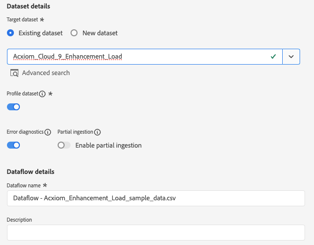 La interfaz de configuraciones de detalles del flujo de datos.