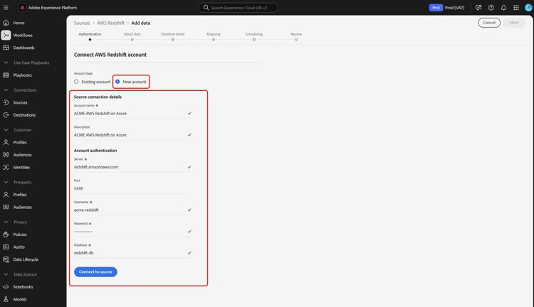La nueva interfaz de cuenta para conectar AWS Redshift a Experience Platform en Azure.