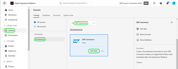 Captura de pantalla de la IU de Platform para el catálogo con la tarjeta SAP Commerce
