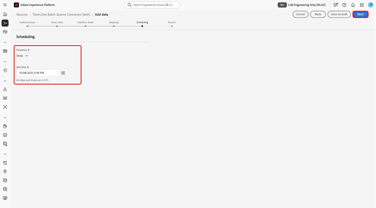 Paso de configuración de programación del flujo de trabajo de orígenes.
