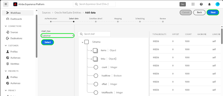 Captura de pantalla de la IU de Platform para entidades de Oracle Netsuite que muestran la configuración con la opción Cliente seleccionada