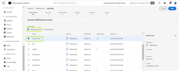 Interfaz de cuenta existente donde puede seleccionar de una lista de cuentas existentes de PathFactory.