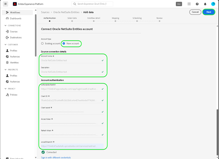 Captura de pantalla de la IU de Platform para conectar la cuenta de entidades de NetSuite de Oracle con una nueva cuenta