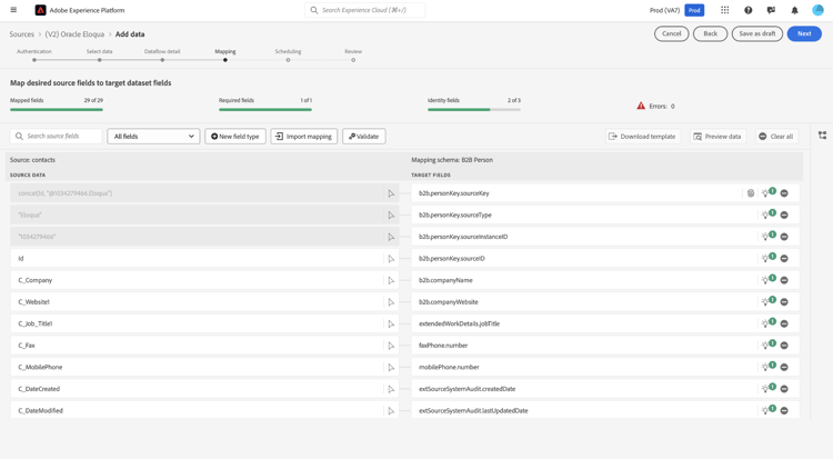 Interfaz de asignación que muestra asignaciones de campos para entidades de datos Eloqua.