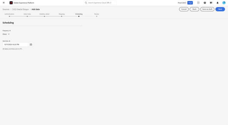 Interfaz de programación con opciones para configurar la frecuencia y el intervalo de ingesta.