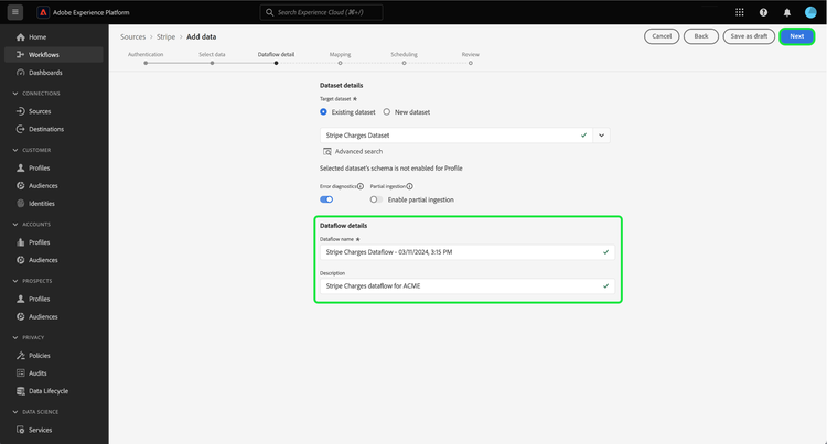 El paso de configuración de detalles del flujo de datos.