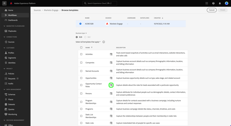 Una lista de plantillas con el icono de vista previa resaltado.