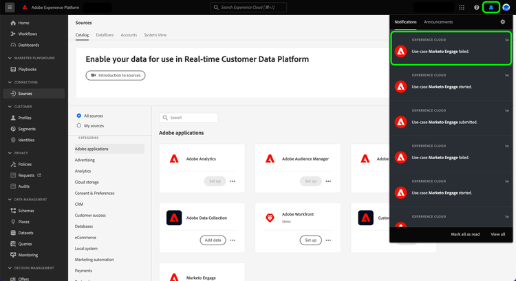 Se ha resaltado el panel de notificaciones en la interfaz de usuario de Platform con una notificación que alerta sobre un flujo de datos fallido.