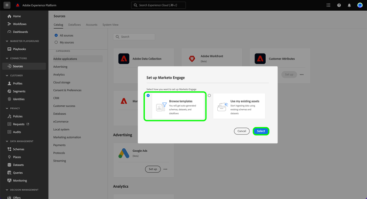 Ventana emergente con opciones para examinar plantillas o utilizar recursos existentes.