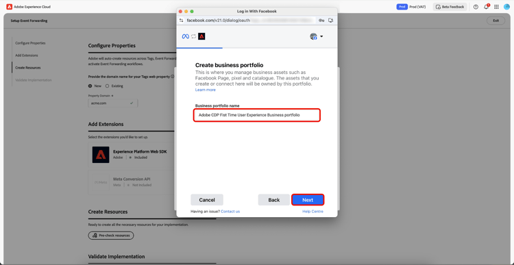 Se muestra la página Crear portafolio de negocios con un nombre de portafolio