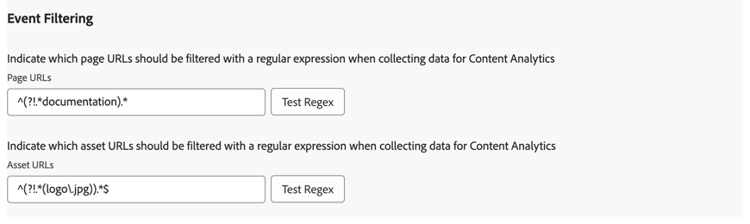 Imagen que muestra la configuración de filtrado de eventos de la extensión de etiquetas Adobe Content Analytics en la interfaz de usuario de etiquetas
