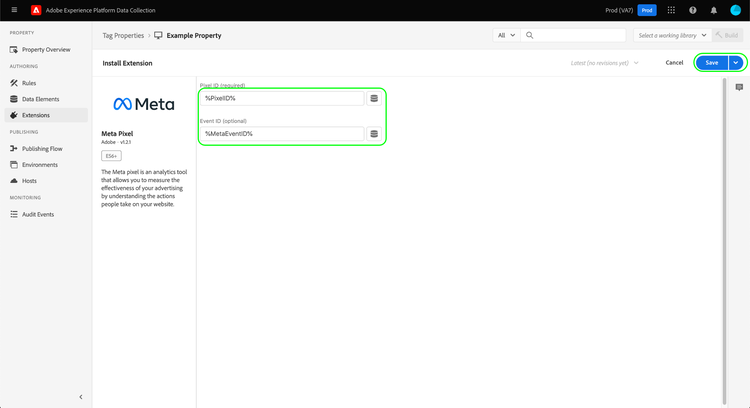 El identificador Pixel proporcionado como elemento de datos en la vista de configuración de la extensión.