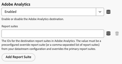 Imagen de la interfaz de usuario de la extensión de etiquetas Web SDK que muestra la configuración de anulación de secuencia de datos de Adobe Analytics.