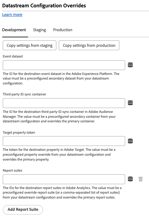 Imagen que muestra las anulaciones de configuración de secuencia de datos usando la página de extensión de etiquetas Web SDK.