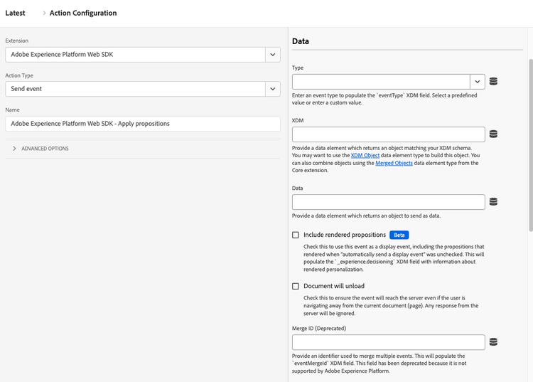 Imagen de la interfaz de usuario de etiquetas de plataforma que muestra la configuración del elemento de datos para el tipo de acción Enviar evento.