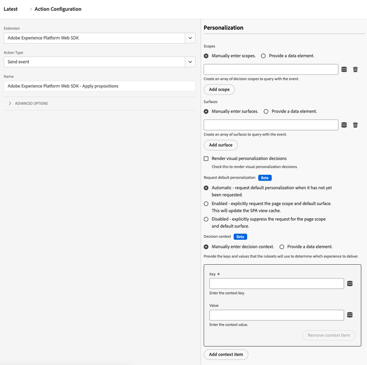 Imagen de la interfaz de usuario de etiquetas de plataforma que muestra la configuración de Personalization para el tipo de acción Enviar evento.