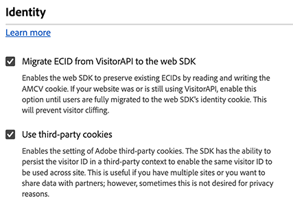 Imagen que muestra la configuración de identidad de la extensión de etiqueta del SDK web en la interfaz de usuario de etiquetas