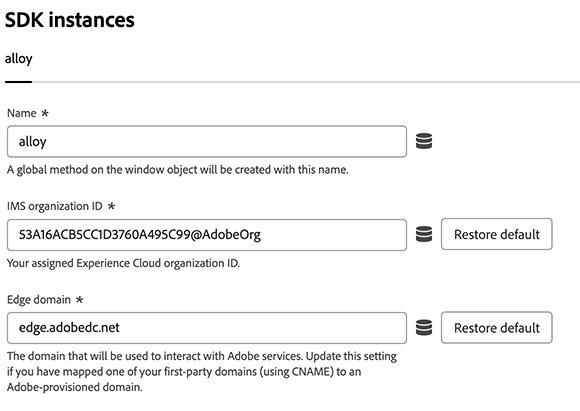 Imagen que muestra la configuración general de la extensión de etiqueta del SDK web en la interfaz de usuario de etiquetas