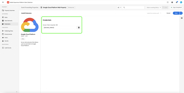 El Google Cloud Platform página de configuración de la extensión.