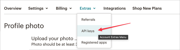 Menú Extras, vínculo Claves de API