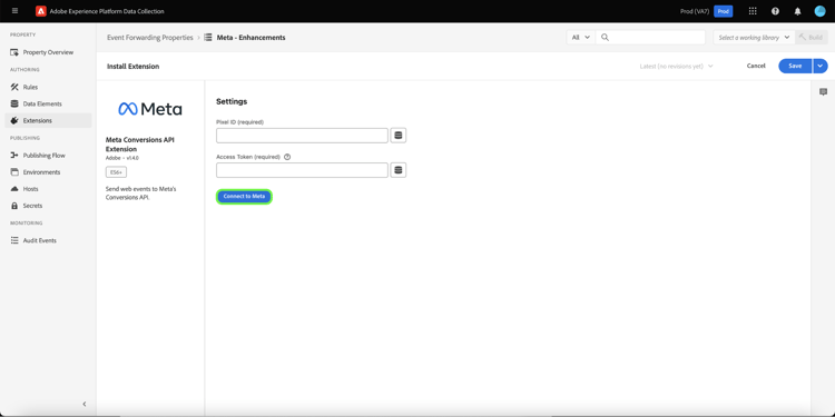 La página de instalación de Extensión de la API de conversiones de metadatos resalta Conectarse a Meta.