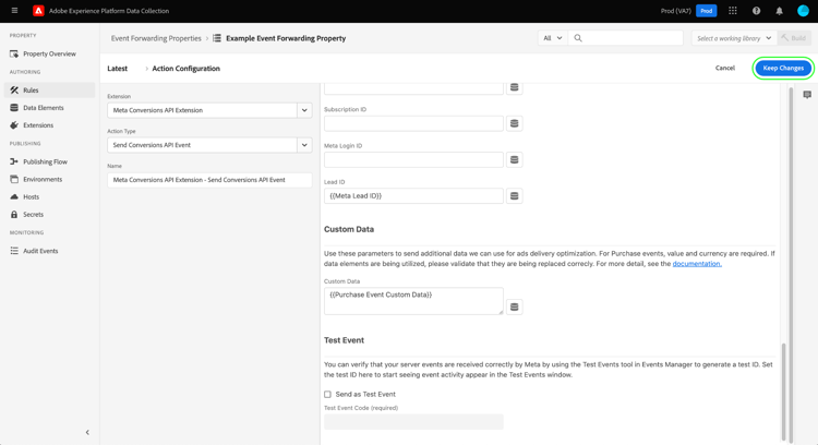 Mantener cambios seleccionados para la configuración de acción.