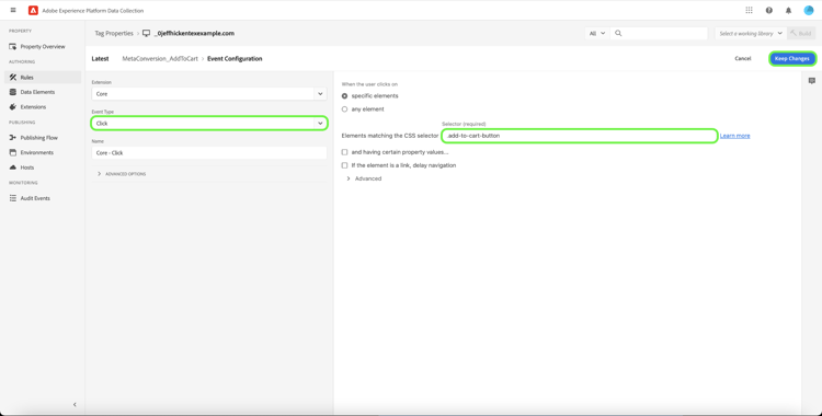 Pantalla de configuración de eventos que muestra el evento de clics
