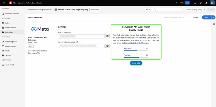 La página de configuración de la extensión de la API de metaconversiones destaca Ver puntuación de EMQ.