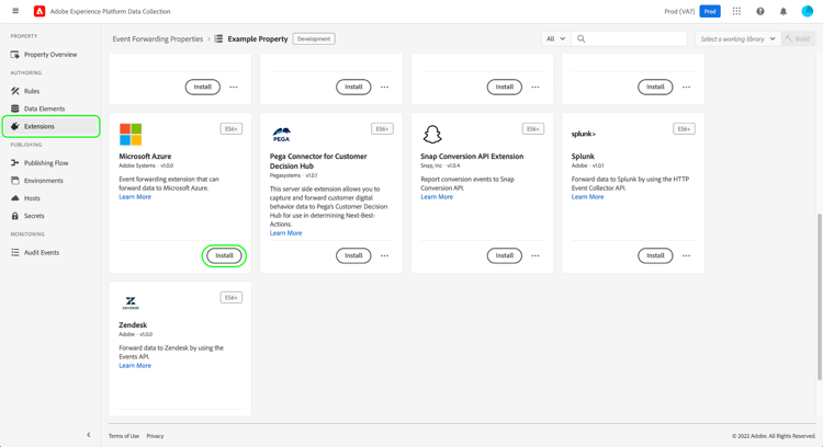 Se está seleccionando la opción Instalar para la extensión de la API Meta Conversiones en la IU de recopilación de datos.