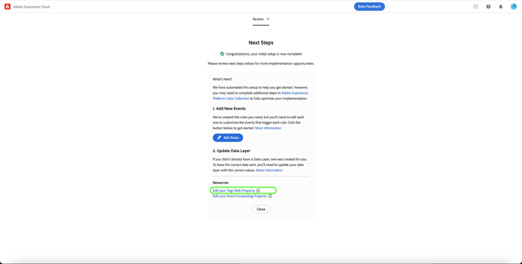 Cuadro de diálogo de pasos siguientes que muestra la edición de la propiedad web de etiquetas
