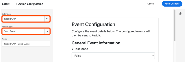 Interfaz de configuración de reglas de reenvío de eventos para la extensión de API Reddit Conversions, con los campos de extensión y tipo de acción resaltados.