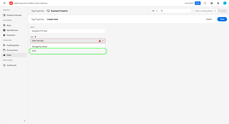 Imagen que muestra la opción de alojamiento SFTP seleccionada.