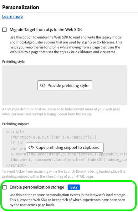 Imagen que muestra la opción de almacenamiento personalizado en la página de configuración de la extensión de etiqueta.