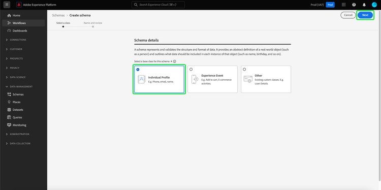 El Crear esquema flujo de trabajo con Perfil individual de XDM opciones y Siguiente resaltado.