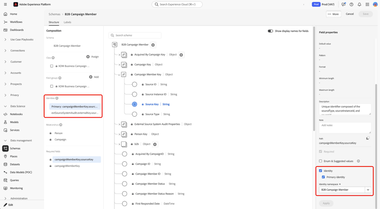 Sección Identidades del panel de composición con un campo de identidad seleccionado y sus propiedades de identidad mostradas en el panel derecho.