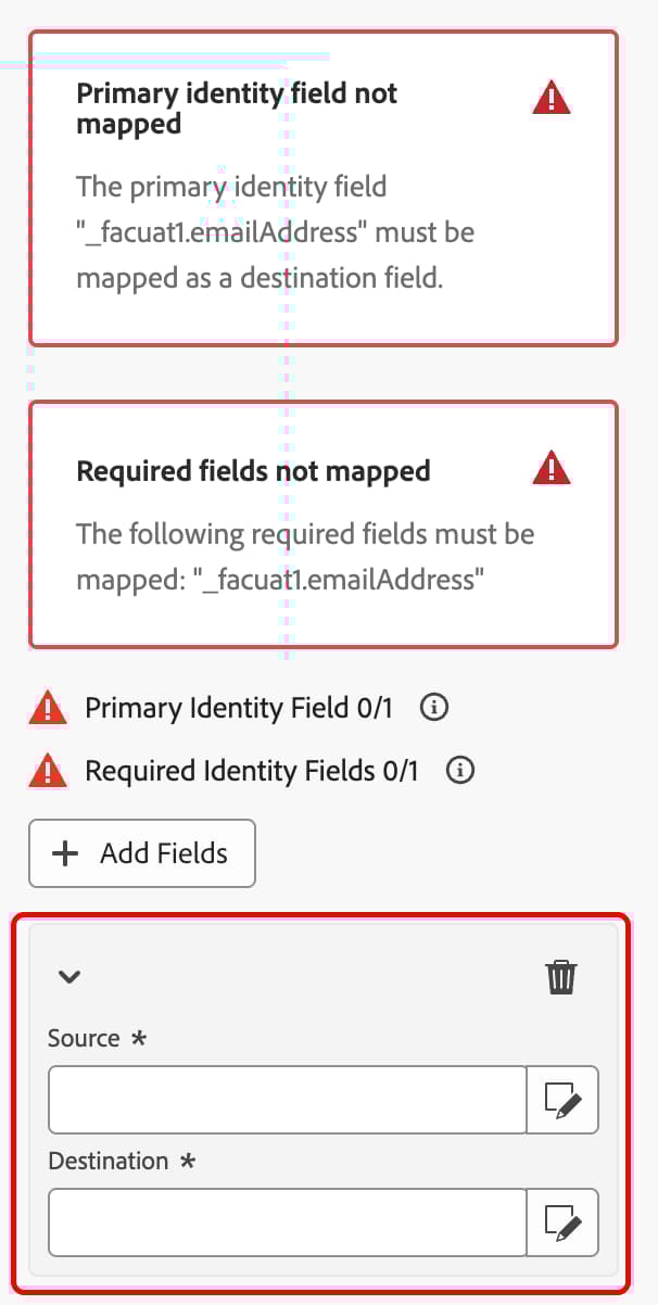 Se resaltan los campos Source y Destination, y se muestra dónde crear la asignación entre los campos