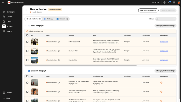 Una tabla de activación recién generada agrupada en subtablas de Meta y LinkedIn, con cada anuncio marcado requiere atención hasta que se completen sus campos