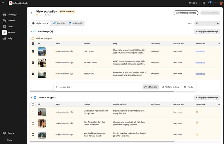 Selección de varios anuncios en una tabla de activación para editar detalles por lotes o la configuración de la plataforma