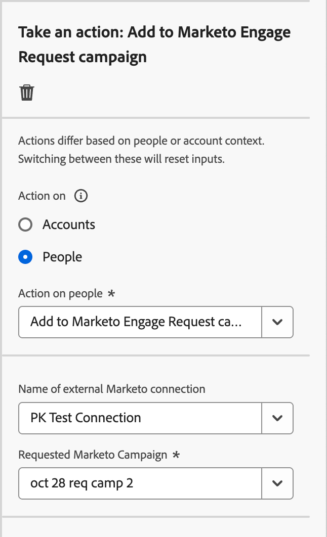 Realizar una acción: agregar a la campaña de solicitudes de Marketo Engage