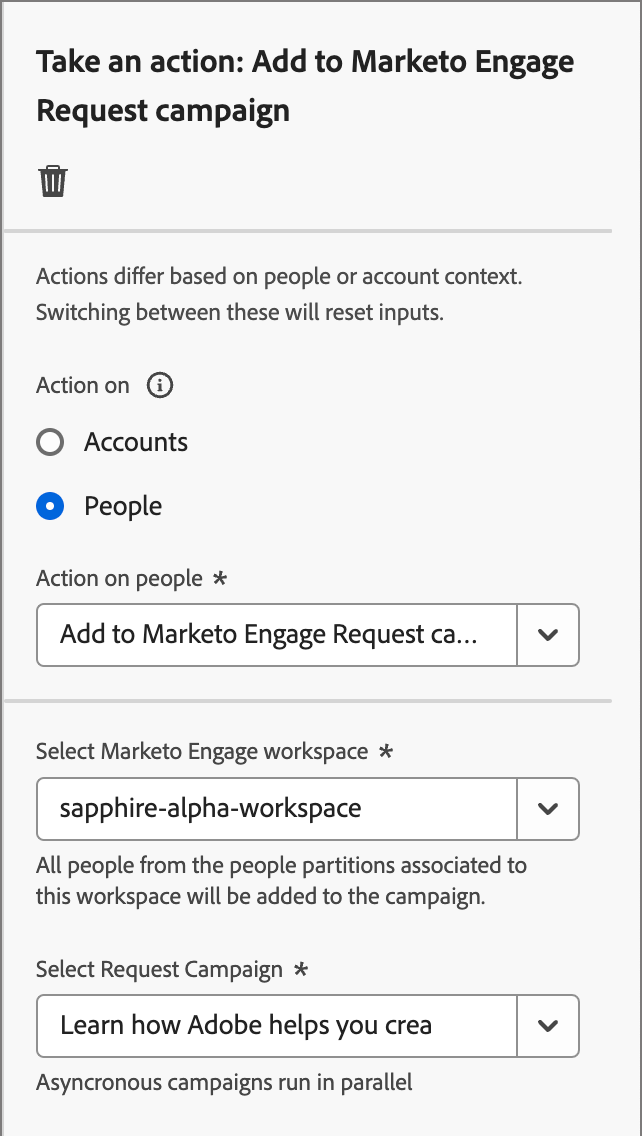 Realizar una acción: agregar a la campaña de solicitudes de Marketo